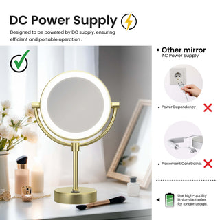 Circular LED Free Standing Magnifying Make Up Mirror, Brushed Gold