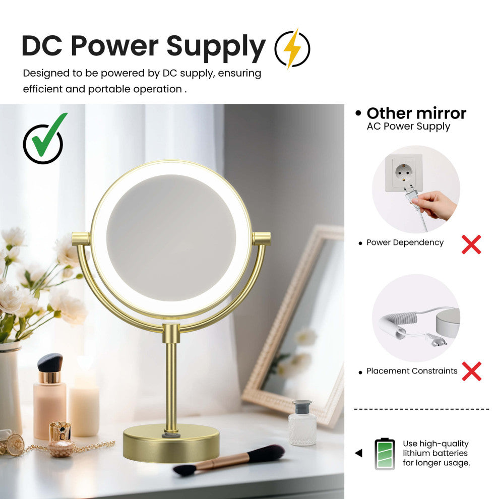 Circular LED Free Standing Magnifying Make Up Mirror, Brushed Gold