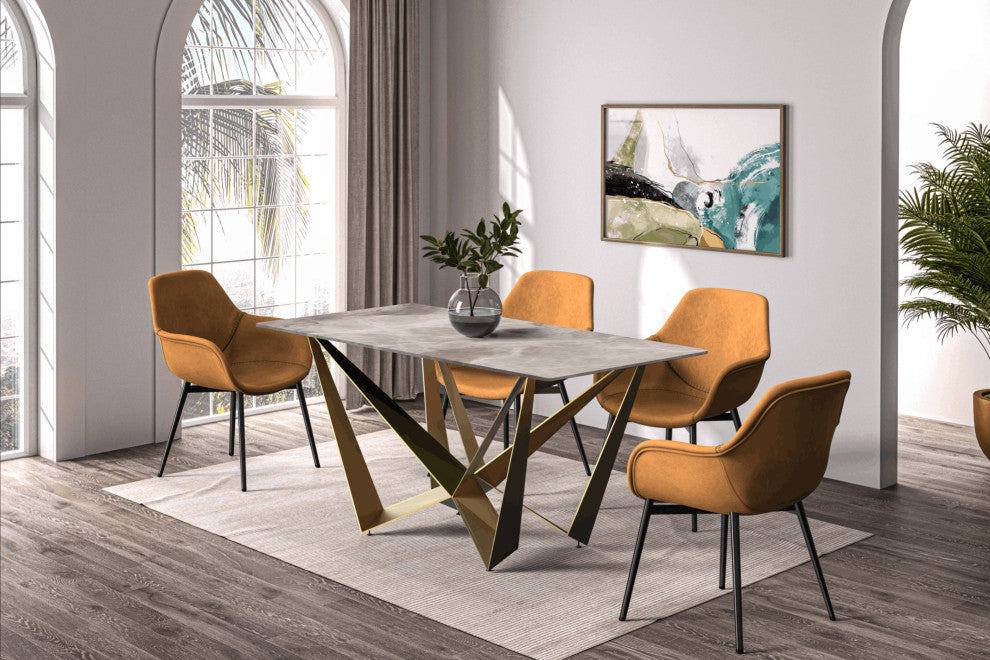 LeisureMod Nuvor Dining Table With Rectangular Top and Gold Steel Base, Deep Gray, 55 Inch