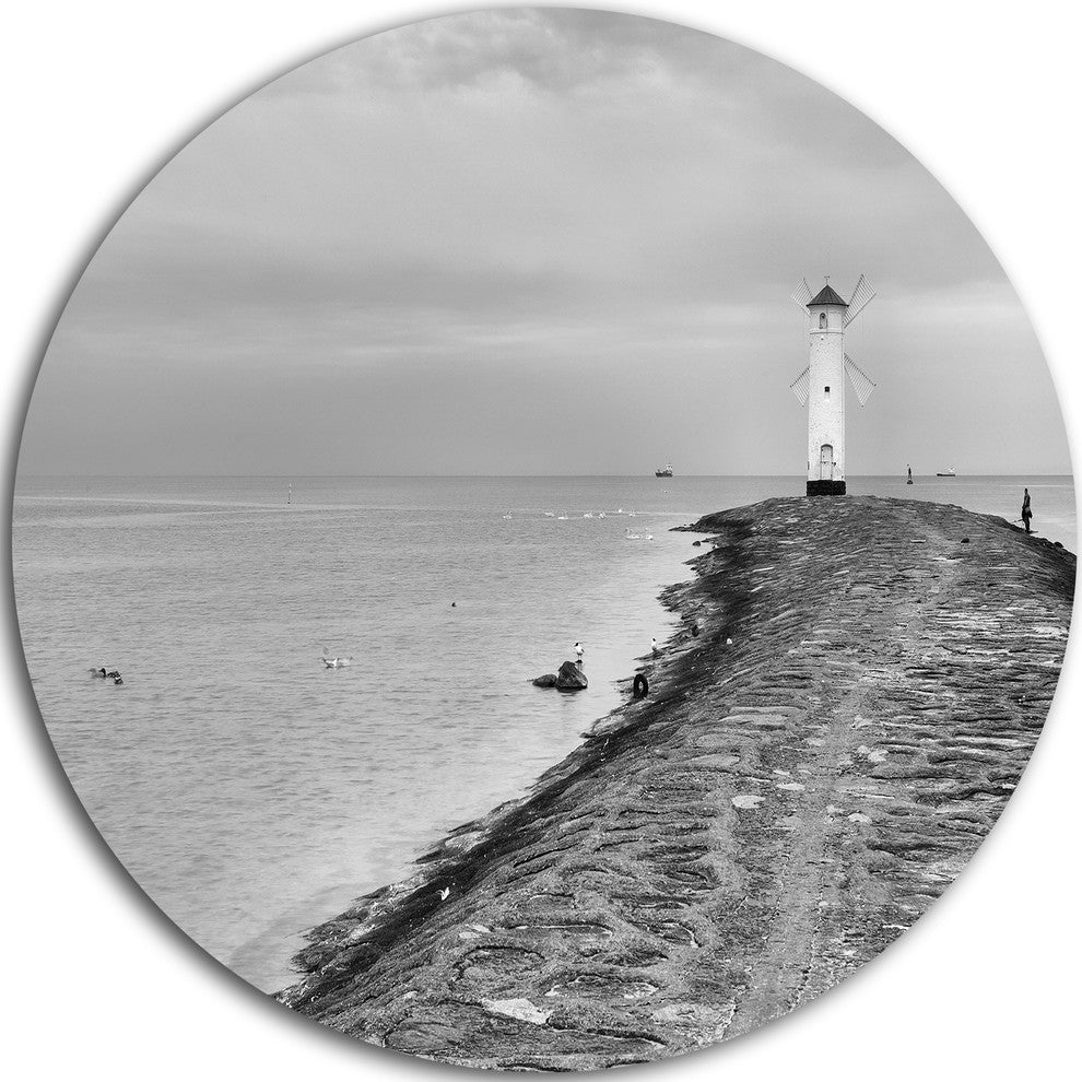 Lighthouse Windmill Stawa Mlyny In Grey, Seashore Round Artwork, 11"