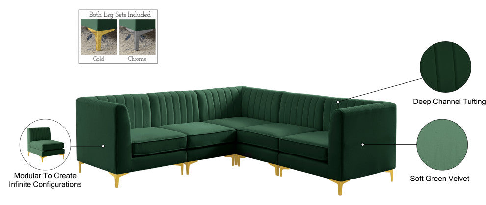 Alina Velvet Modular L-Shaped Modular Sectional, Green, 5-Piece: 2 Armless Chair, 3 Corner Chair