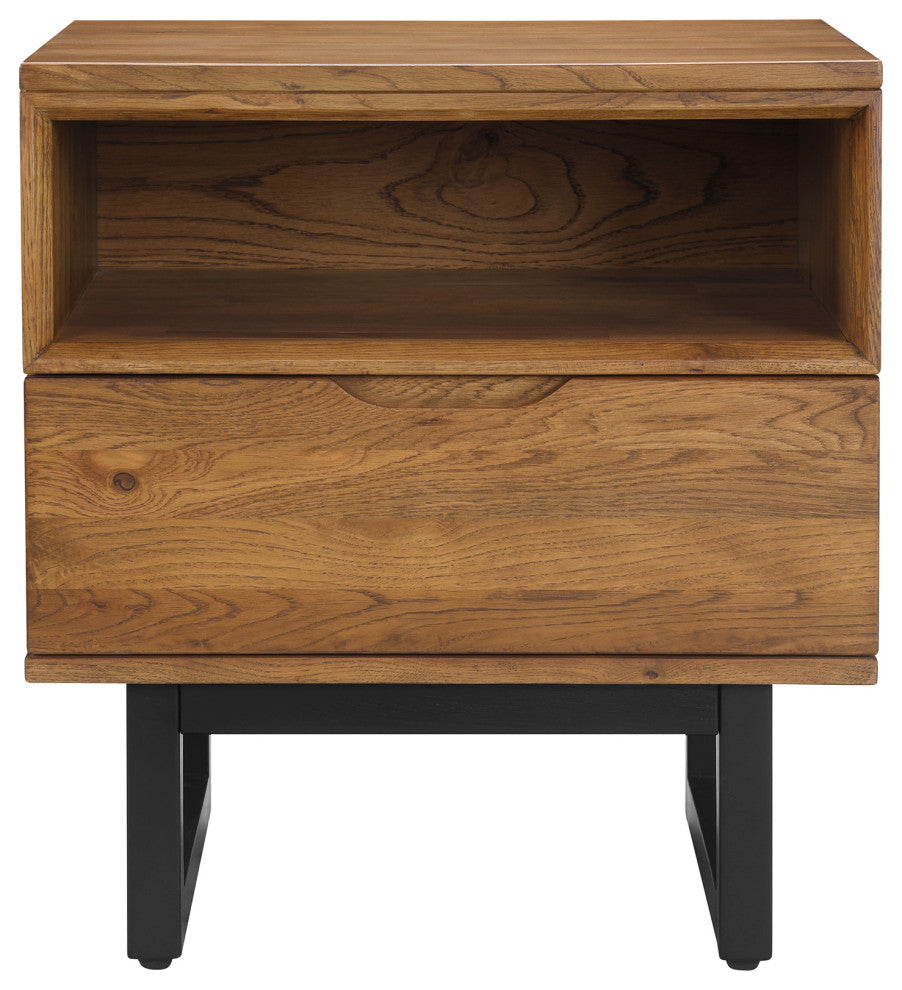 Aldo 1 Drawer Nightstand in Brown Oak Wood With Black Metal Legs