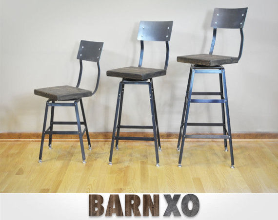 Reclaimed Urban Wood Swivel Bar Stool Chair With Back, 25x16x16, Scorched