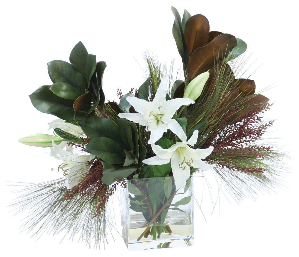 White Casablanca Lilies with Magnolia Foliage and Pine