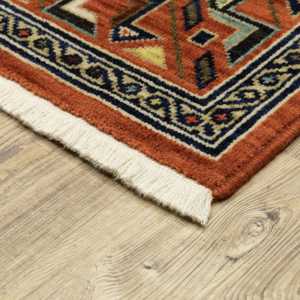 Lizbeth Aztec Border Red/Multi Wool Blend Fringed Area Rug, 2'X3'