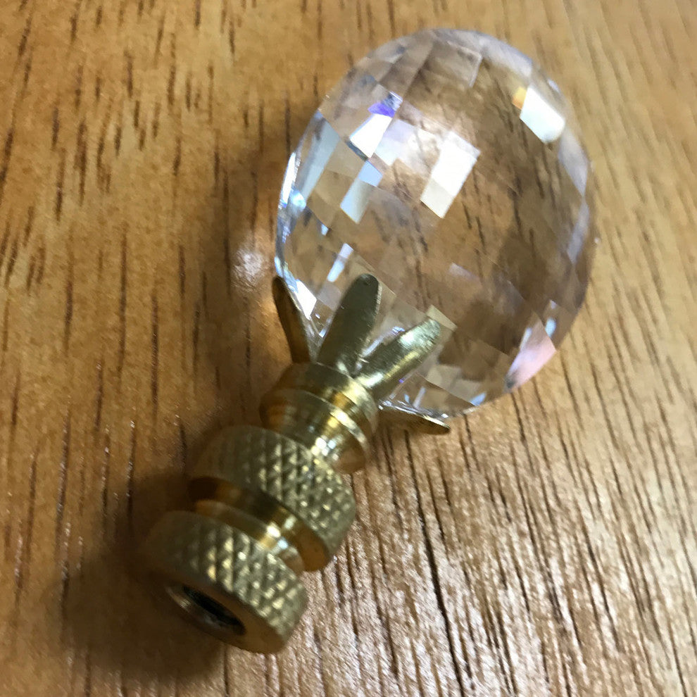 Oval Radiance Cut Clear K9 Crystal Lamp Finial with Polished Brass Base, Set of