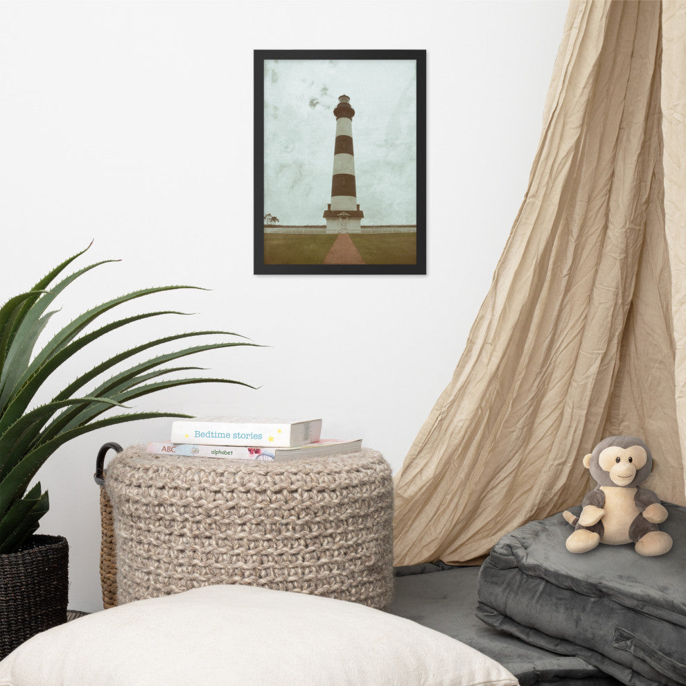 Aged Bodie Lighthouse Landscape Framed Photo Paper Wall Art Prints, Black, 12" X 16"