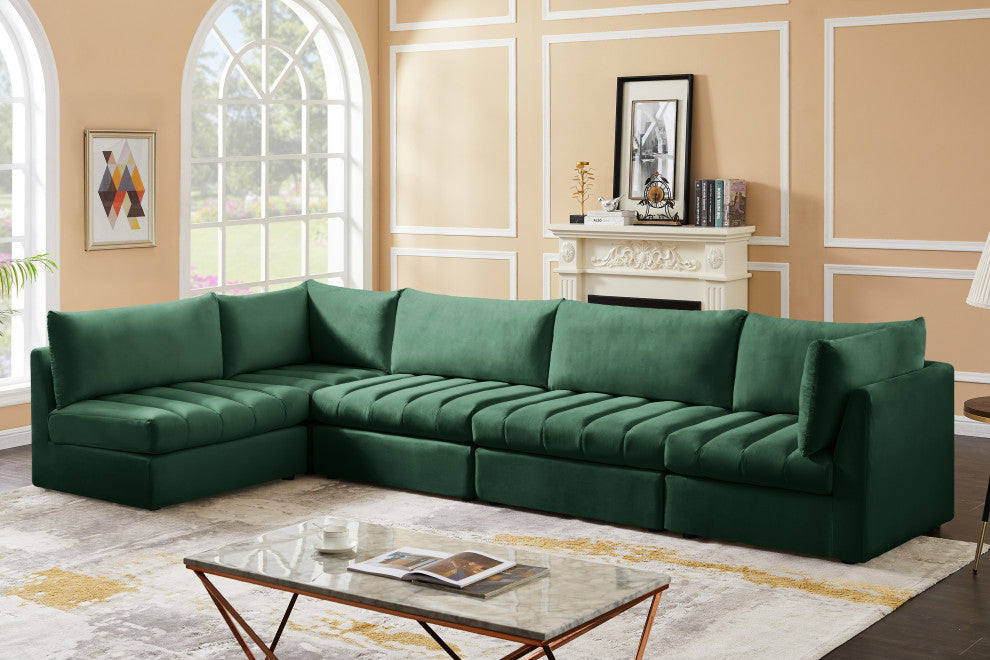 Jacob Velvet Upholstered 5-Piece L-Shaped Modular Sectional, Green