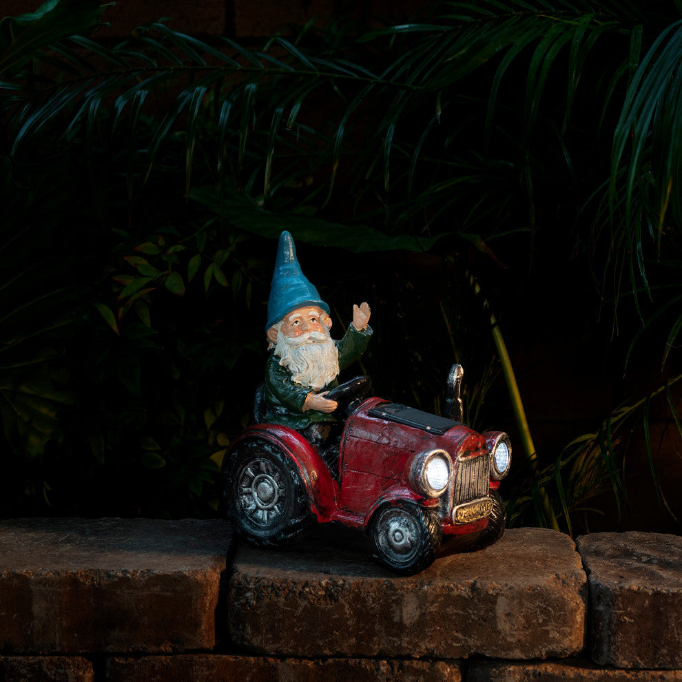 Solar Red Tractor Riding Gnome with Cool White LED Lights