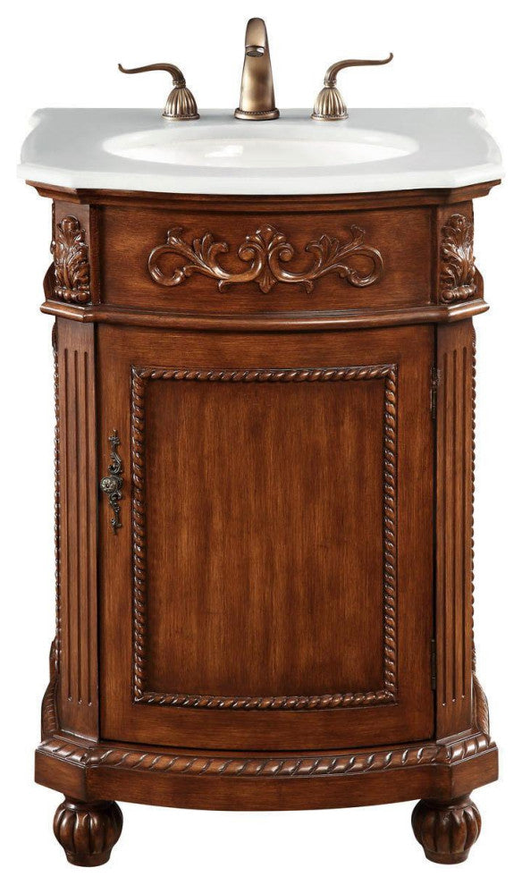 24" Single Bathroom Vanity, Brown With Ivory White Engineered Marble Top