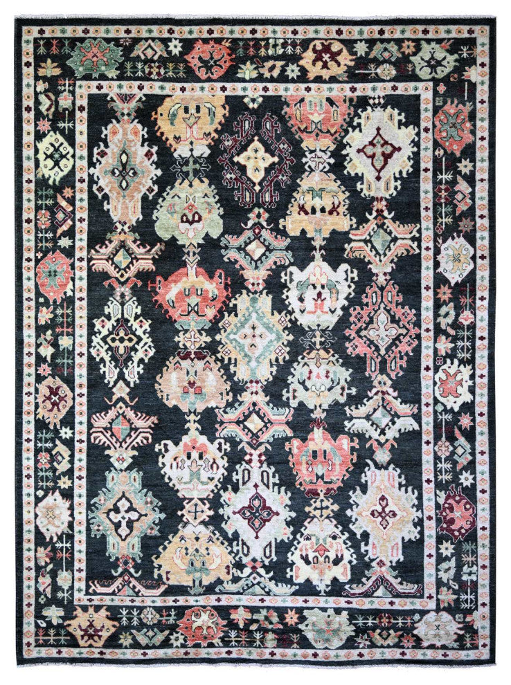 Gunmetal Black Afghan Angora Oushak Wool Hand Knotted Oriental Rug 9'x11'11"