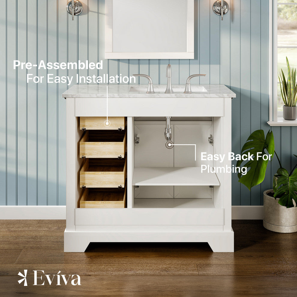 Eviva Monroe 36" Transitional Vanity With White Carrara Top, White