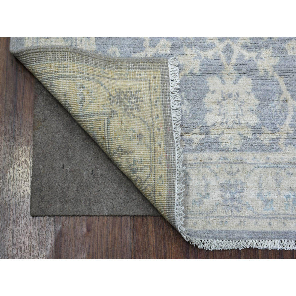 Gray Pure Wool Natural Dyes Hand Knotted Stone Wash Peshawar Rug, 3'0"x4'10"