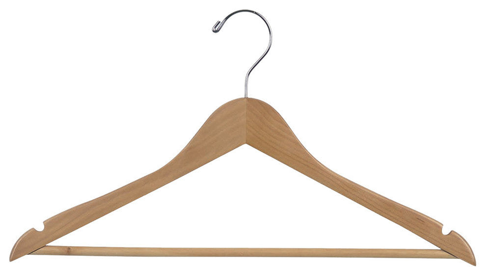 Rubberized Wood Suit Hanger With Bar and Natural Finish, Box of 100