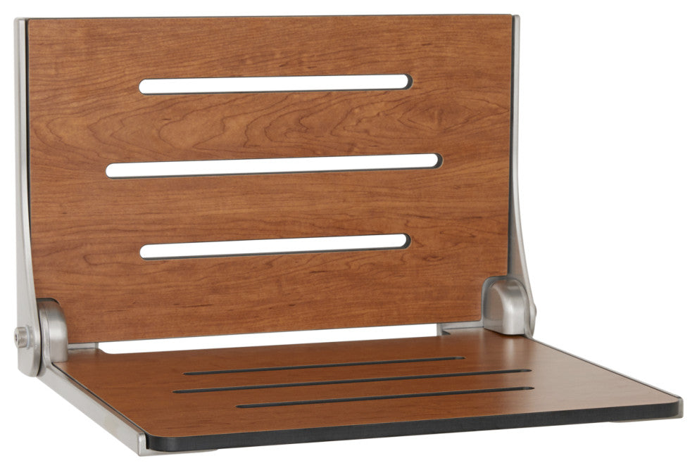 Silhouette Folding Wall Mount Shower Bench Seat, Rustic Teak, Silver Frame