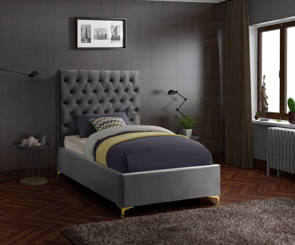 Cruz Velvet Upholstered Bed, Gray, Twin