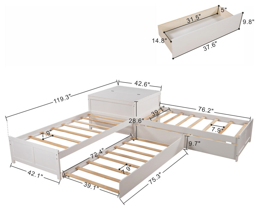 Twin Wood Frame Platform Bed with Trundle and Drawers , White, Twin