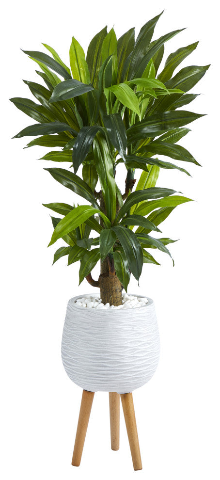 46" Corn Stalk Dracaena Artificial Plant, White Planter With Stand, Real Touch