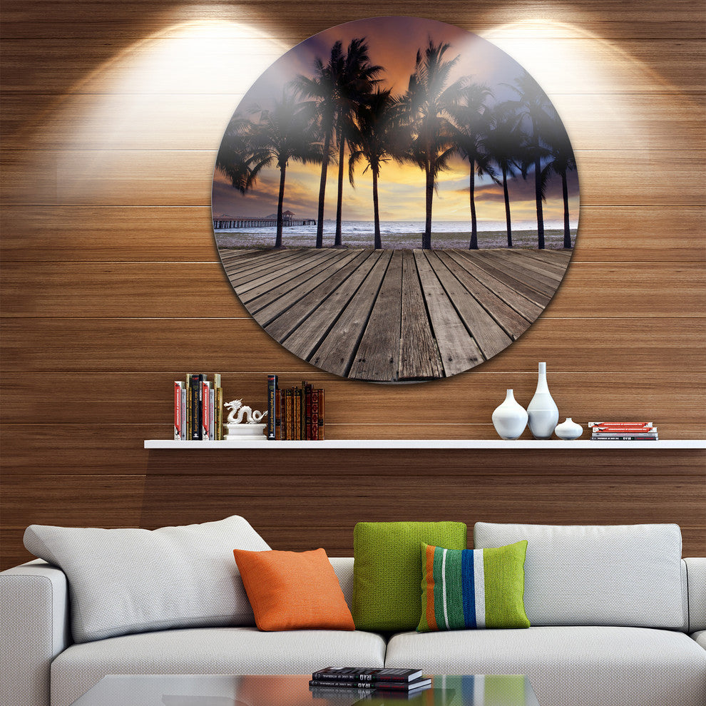 Old Wood Terrace On Sea Beach, Modern Landscape Round Wall Art, 11"