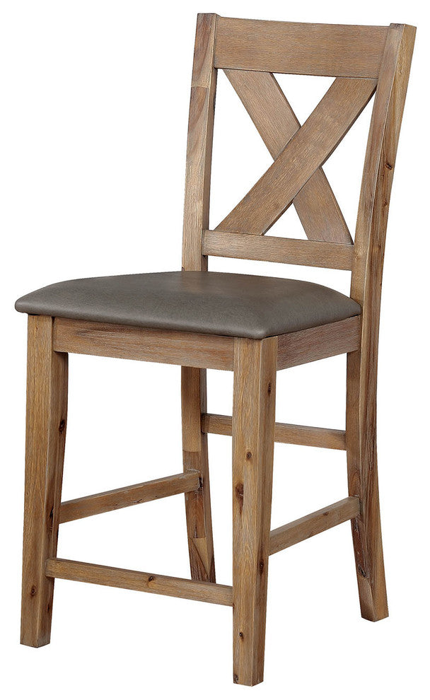 Wood Counter Height Chair With Leather Padded Seat, Pack of Two, Weathered Brown