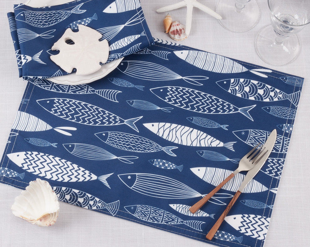 Fish Design Table Mats (Set of 4), Navy Blue, 14"x20"