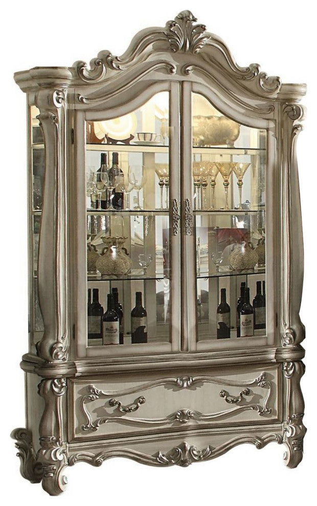 Benzara BM261794 Curio Cabinet With Scrolled Motifs and Touch Light, Off white
