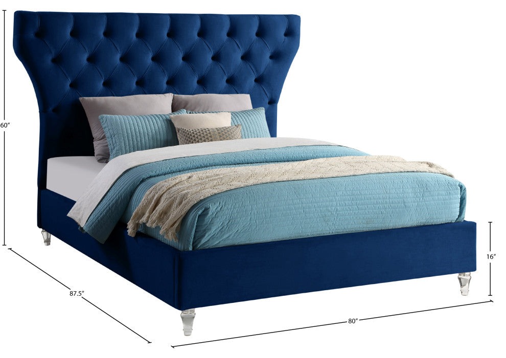 Kira Velvet Upholstered Bed, Navy, Queen