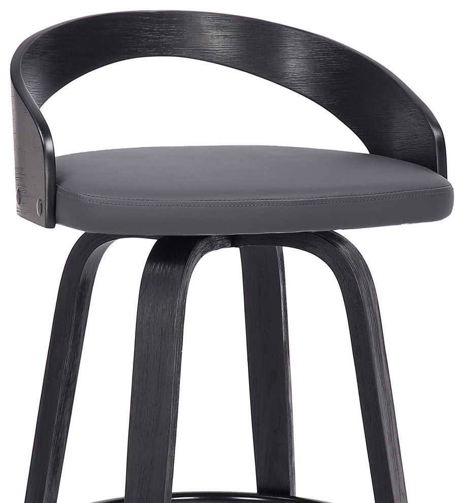 Sonia 26" Counter Height Swivel Grey Faux Leather and Black Wood Bar Stool