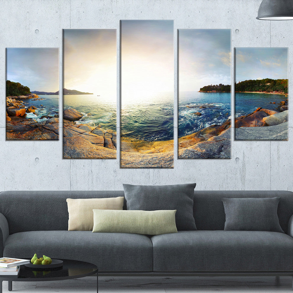 "Rocky Coast in Andaman Sea" Landscape Wall Art Canvas Print, 5 Panels, 60"x32"
