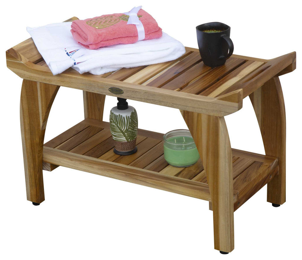 HomeRoots Rectangular Teak Shower Bench With Handles, Natural Finish