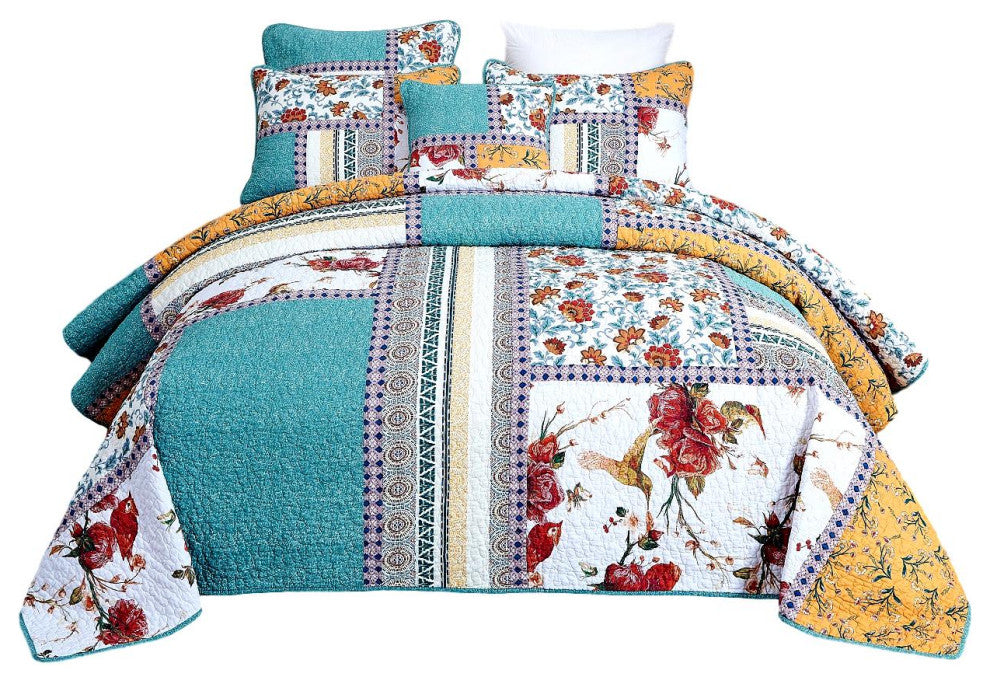 Cotton Pastel Blue Yellow Old World Hummingbirds Garden Patchwork Quilt, King