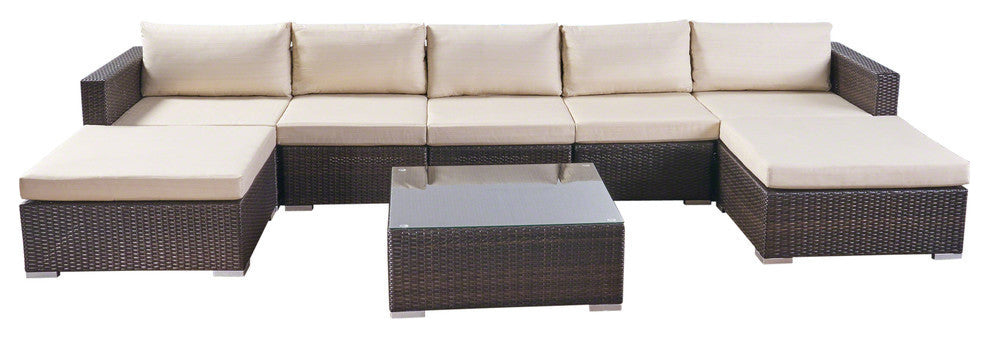 GDF Studio Tom Rosa 5 Seater Wicker Sectional Sofa Set With Cushions, Multibrown/Beige