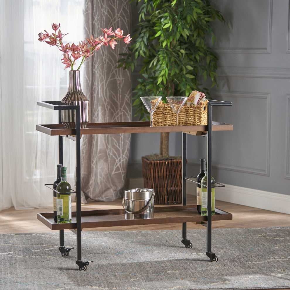 GDF Studio Modern Industrial 2-Tier Wood Bar Cart with Wheels, Dark Walnut