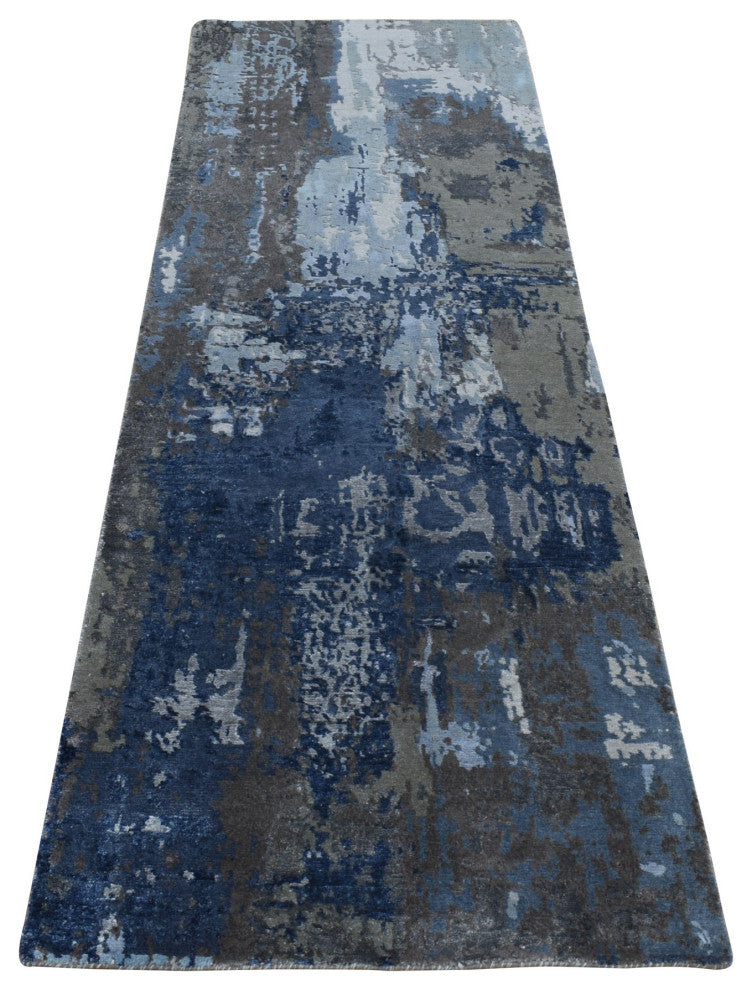 Blue, Hand Knotted, Abstract Design, Wool and Silk, Runner Rug, 2'8"x8'1"