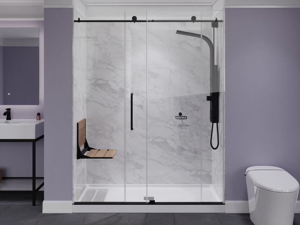 Saxon 17 in. Teak Wall Mounted Folding Shower Seat, Matte Black