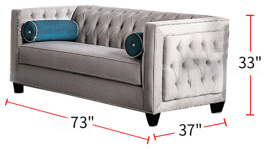 Velvet-like Fabric Love Seat with Button Tufted Design, Gray