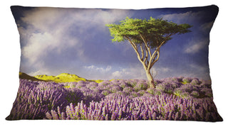 Green Tree in Lavender Field Modern Landscape Printed Throw Pillow, 12"x20"