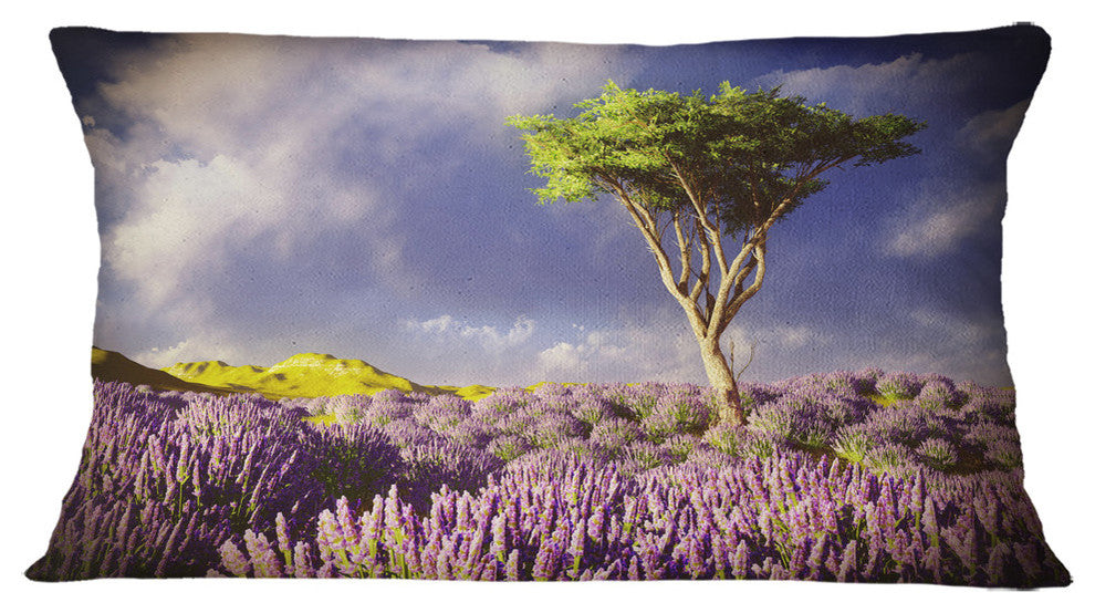 Green Tree in Lavender Field Modern Landscape Printed Throw Pillow, 12"x20"