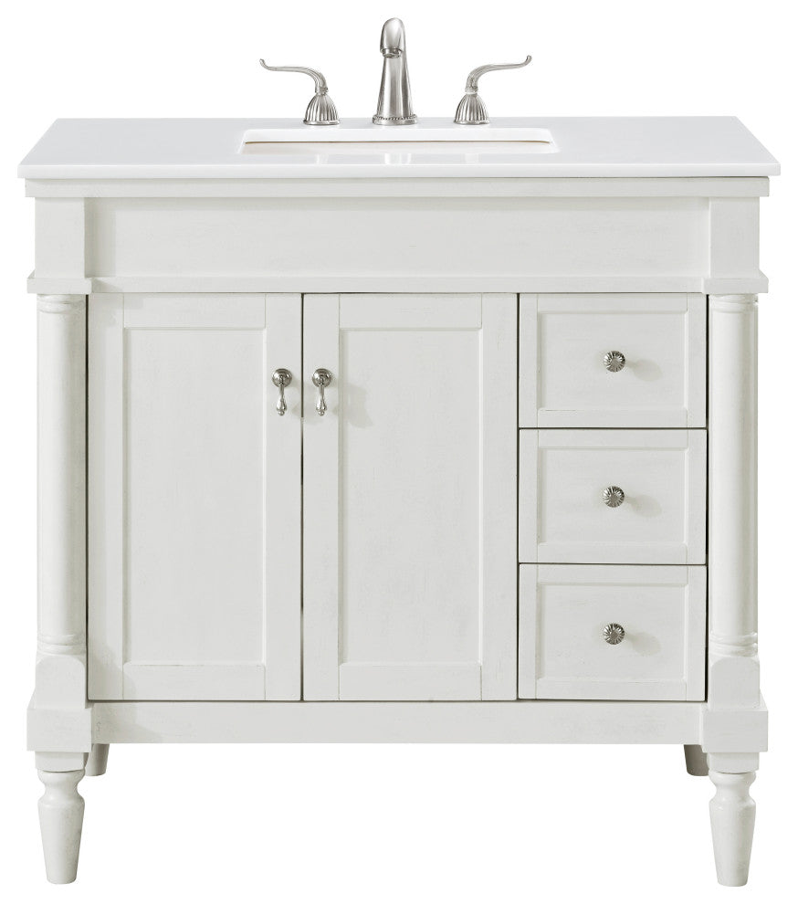 36" Single Bathroom Vanity, Antique White With Ivory White Engineered Marble