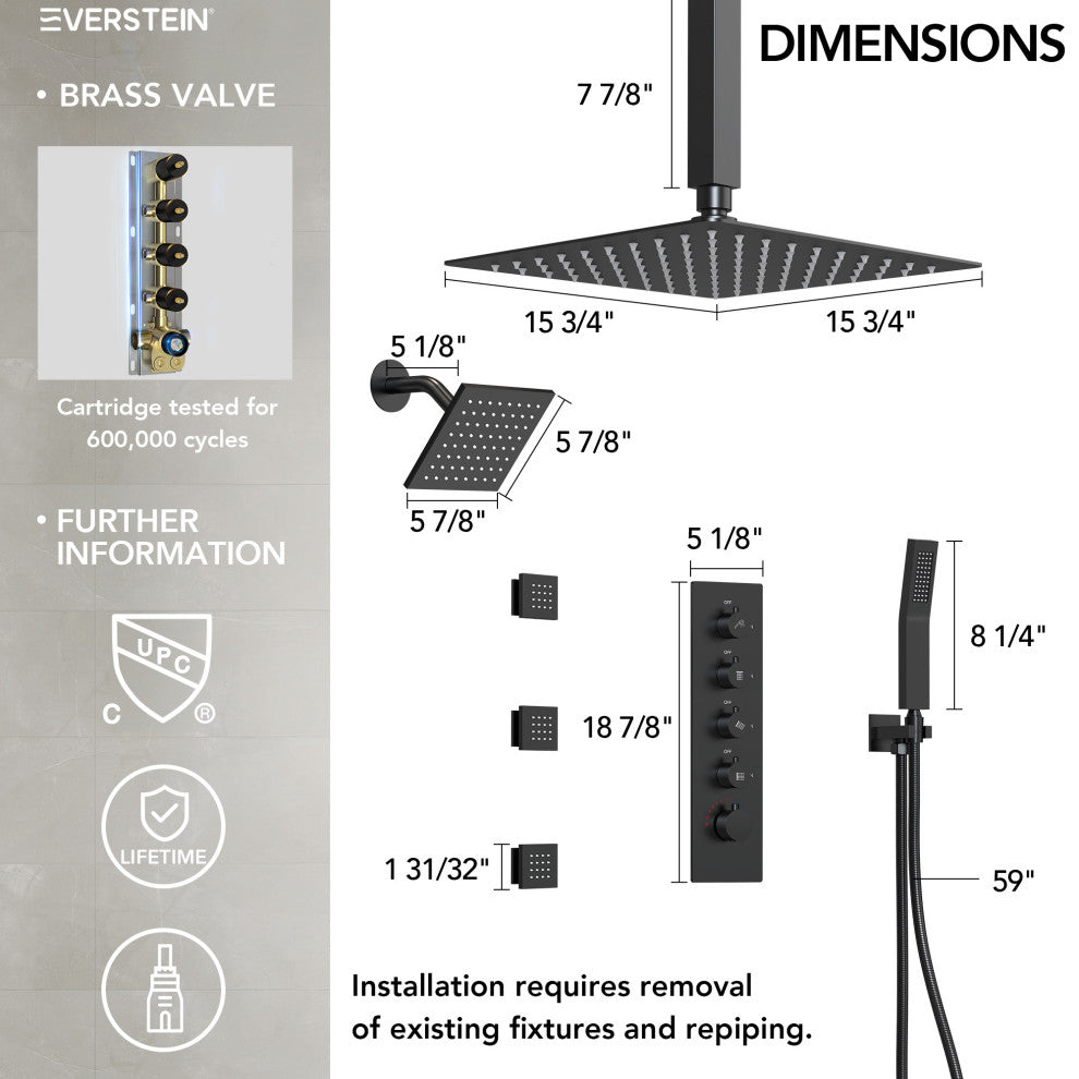 Dual Shower Heads 16" Thermostatic Shower System With Body Jets, Matte Black