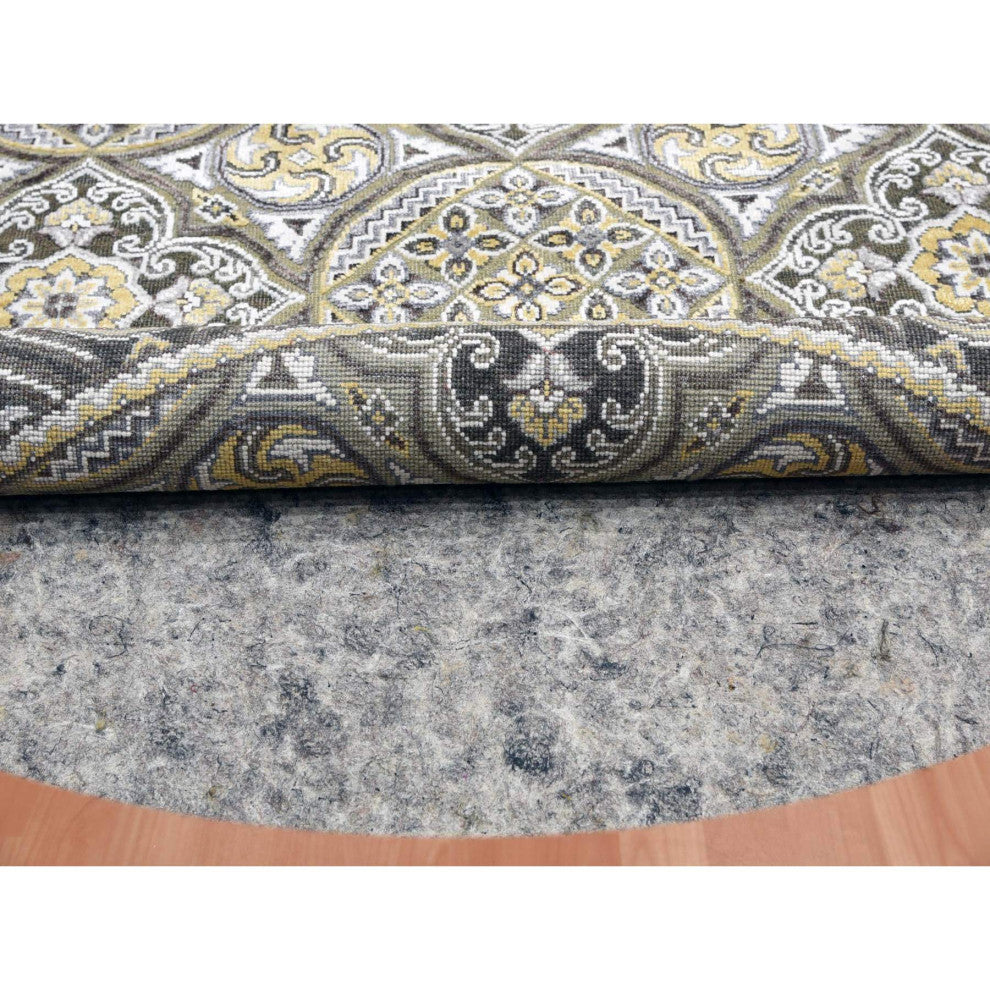 Taupe/Brown Wool Silk Mughal Inspired Hand/Knotted Round Rug, 6'1"x6'1"