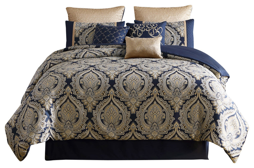 Benzara BM283873 Polyester Queen Comforter Set, Gold Damask Print, Navy Blue