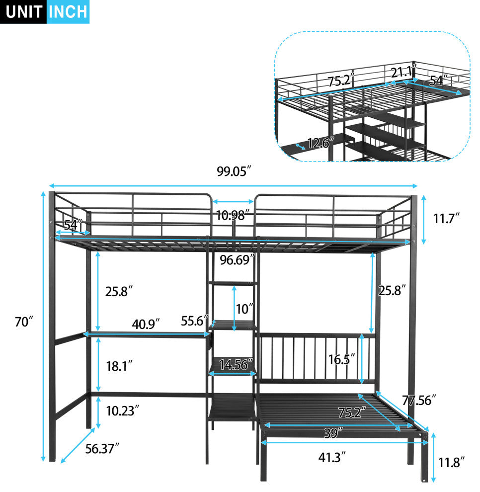 Gewnee Full Over Twin Metal Bunk Bed with Desk and Shelves in Black