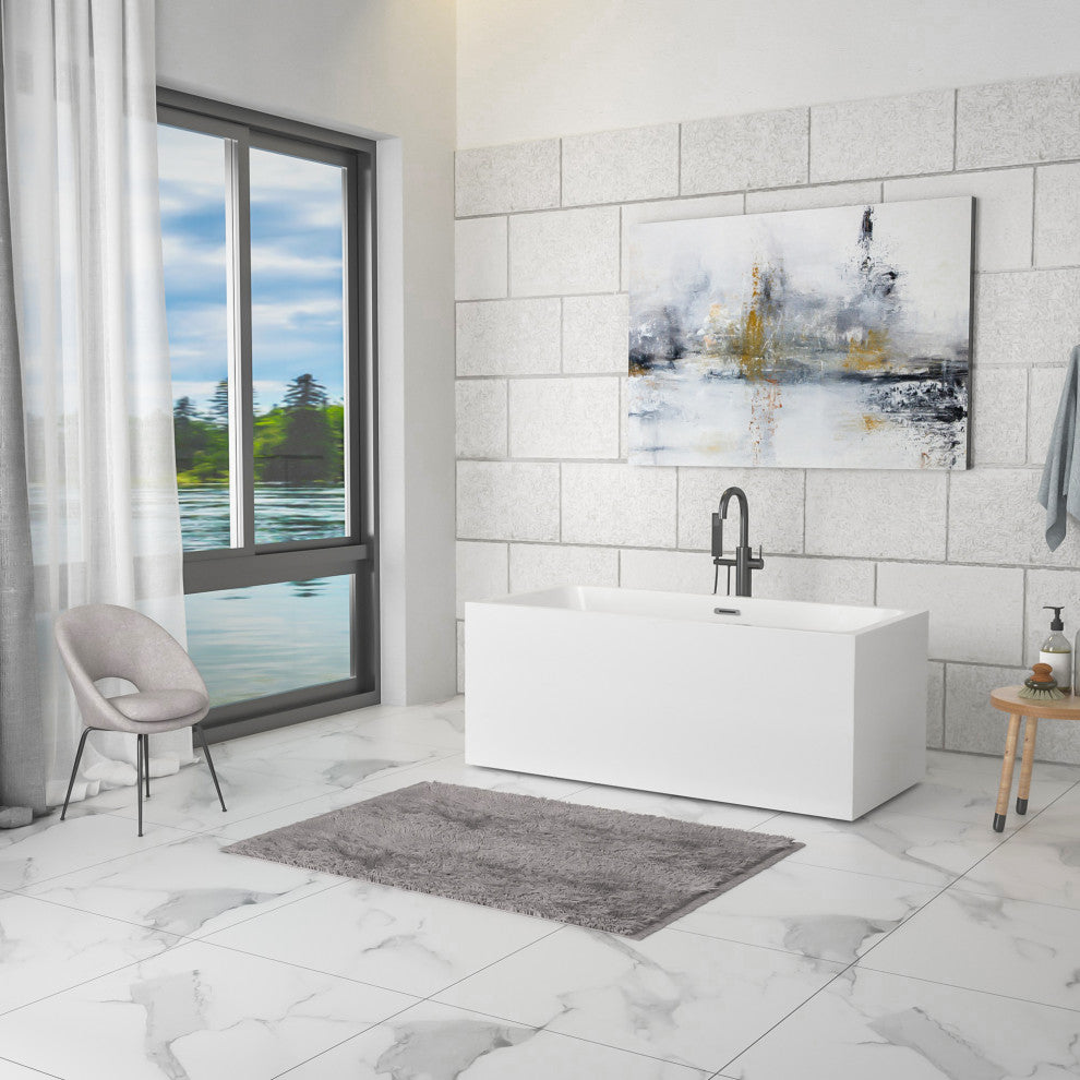 59 in. Acrylic Rectangular Flatbottom Freestanding Soaking Bathtub in White