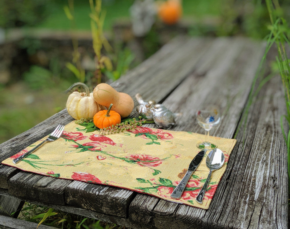 Seasonal Floral Woven Fabric Tapestry Kitchen Table Mats Cloth Placemats, Yellow Floral