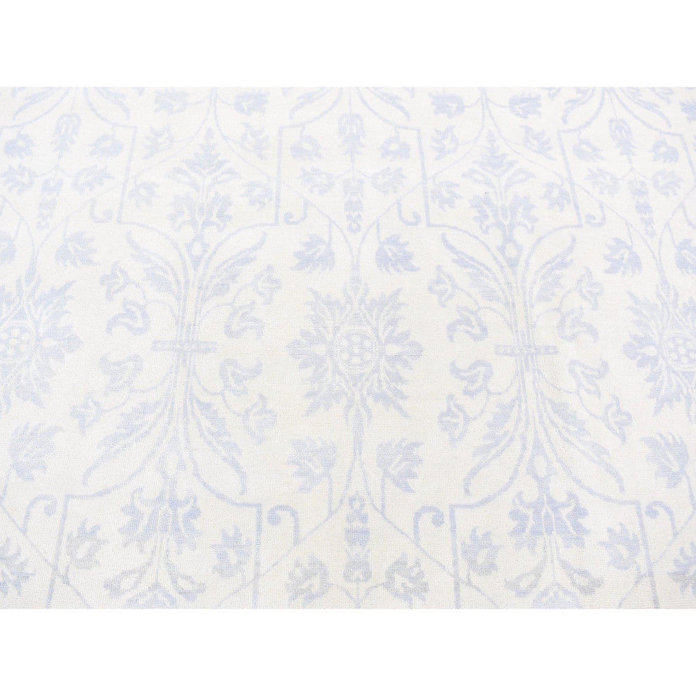 Gray on Beige Lotus Flower Design Tone on Tone Hand Knotted Wool Rug, 8'x9'10"