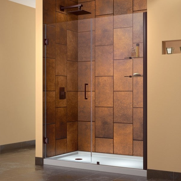 Unidoor 59-60"Wx72"H Frameless Hinged Shower Door, Shelves, Oil Rubbed Bronze