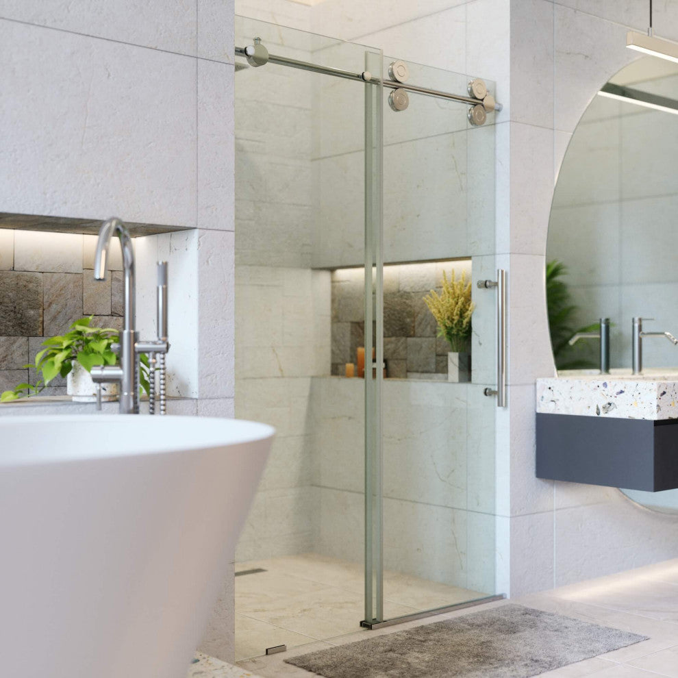 Frameless Clear Sliding Shower Door With Tempered Glass - Shower Bathroom Door, Polished Chrome, 60" X 75", Single Sliding Door