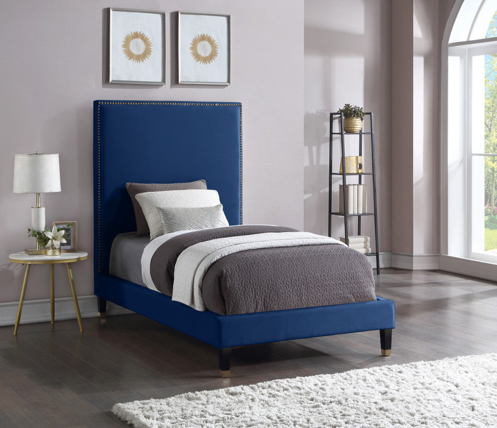 Harlie Velvet Upholstered Bed, Navy, Twin