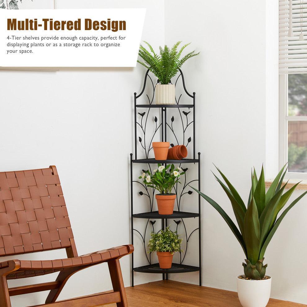 52"H 4-Tiered Metal Corner Shelf Plant Stand, Black